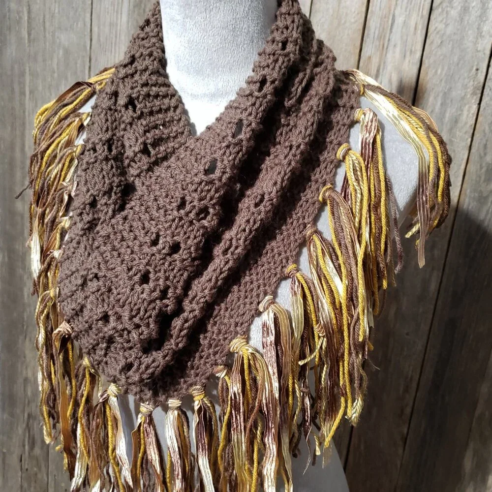 NEW Hand‎ Knitted Brown Gold Boho Cowl Scarf Fringe Eyelet Boho Cottage Earthy